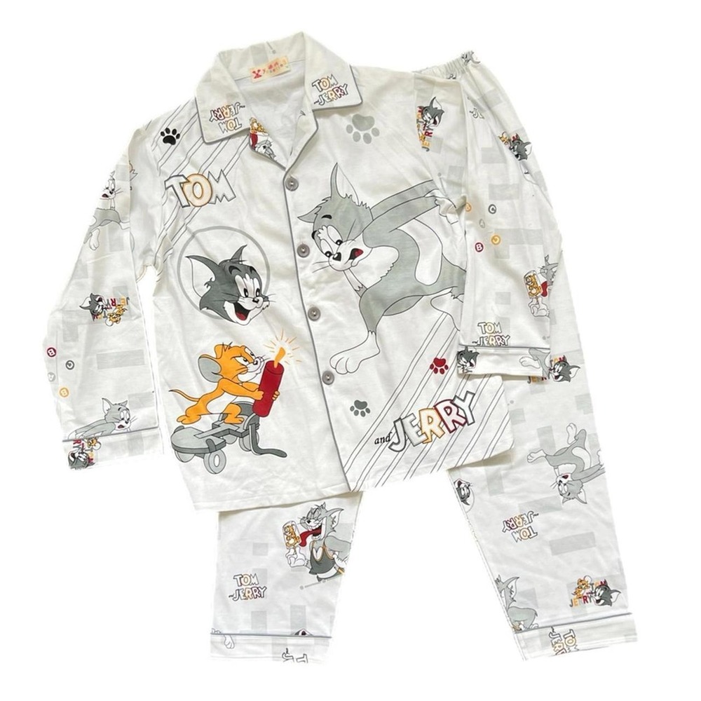 Yuanxing Tom and Jerry Pajama Set White Cartoon Graphic Print Kids Size 14